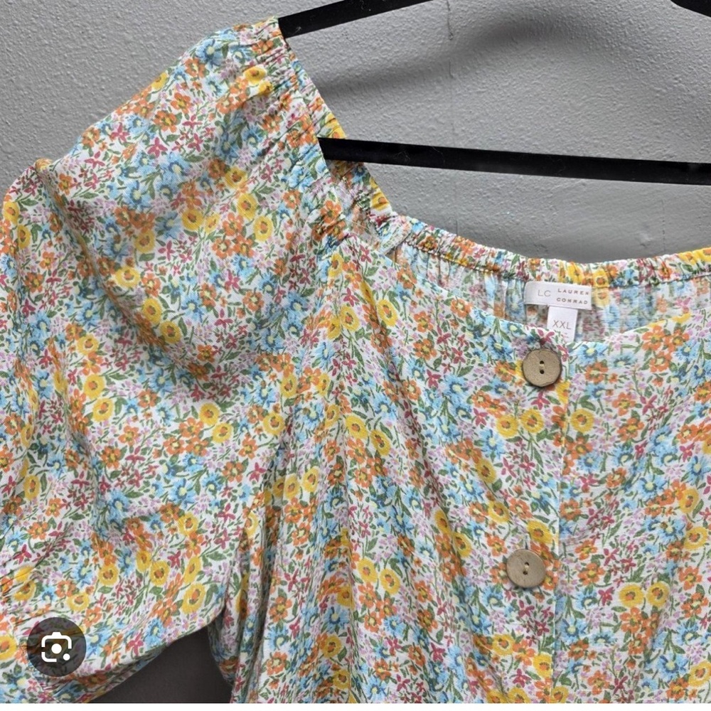 Lauren Conrad Size 3 X Floral Button-Front Puff Sleeve Top - Yellow/Blue - Picture 3 of 5